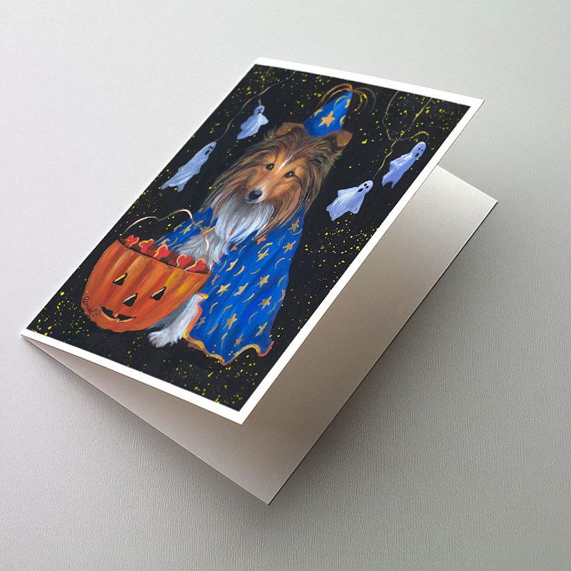 Caroline's Treasures Halloween, Sheltie Halloween Witch Greeting Cards and Envelopes Pack of 8, 7 x 5, Dogs Image