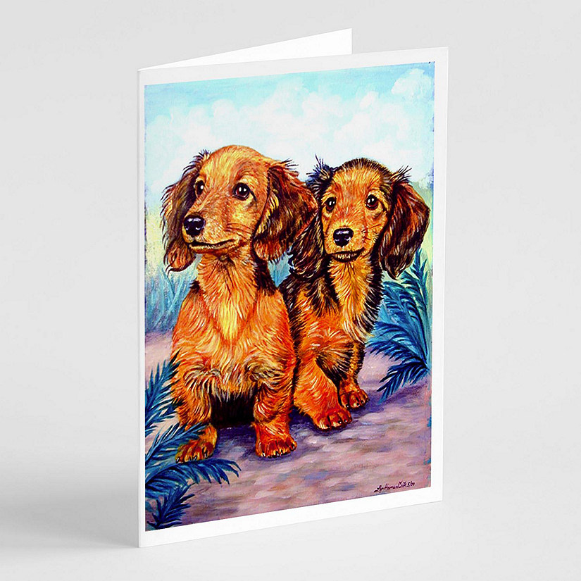 Caroline's Treasures Long Hair Red Dachshund Two Peas Greeting Cards and Envelopes Pack of 8, 7 x 5, Dogs Image