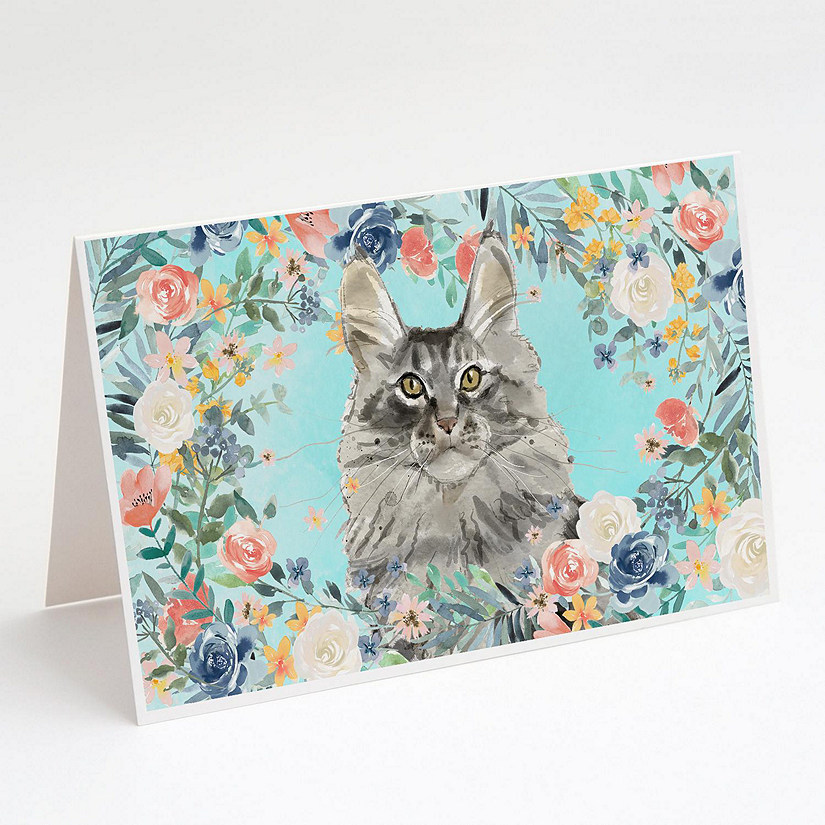 Caroline's Treasures Maine Coon Spring Flowers Greeting Cards and Envelopes Pack of 8, 7 x 5, Cats Image