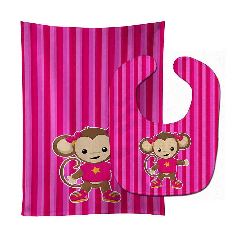 Caroline's Treasures Monkey on Pink Stripes Baby Bib & Burp Cloth, 11 x 18, Wild Animals Image