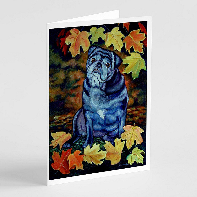 Caroline's Treasures Old Black Pug in Fall Leaves  Greeting Cards and Envelopes Pack of 8, 7 x 5, Dogs Image