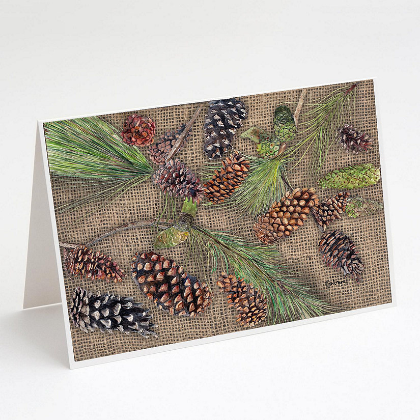 Caroline's Treasures Pine Cones on Faux Burlap Greeting Cards and Envelopes Pack of 8, 7 x 5, Flowers Image