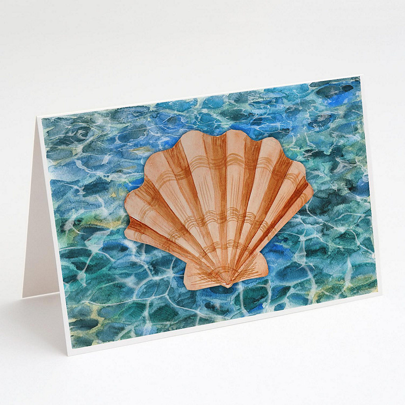 Caroline's Treasures Scallop Shell and Water Greeting Cards and Envelopes Pack of 8, 7 x 5, Nautical Image
