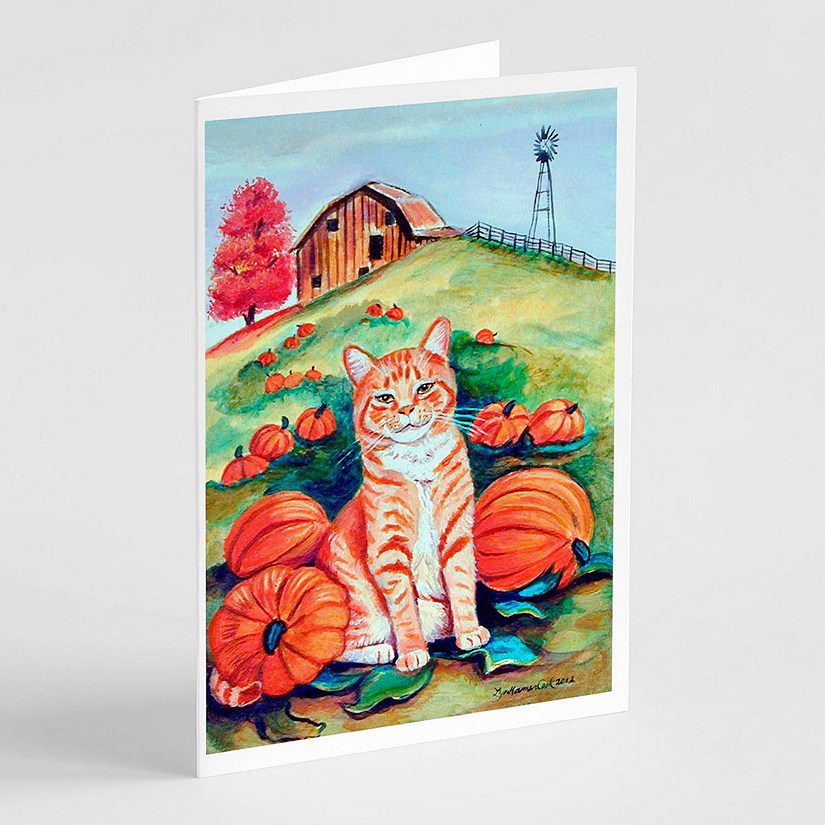 Caroline's Treasures Tabby Cat in Pumpins  Greeting Cards and Envelopes Pack of 8, 7 x 5, Cats Image