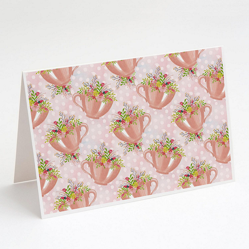 Caroline's Treasures Tea Cup and Flowers Pink Greeting Cards and Envelopes Pack of 8, 7 x 5, Flowers Image