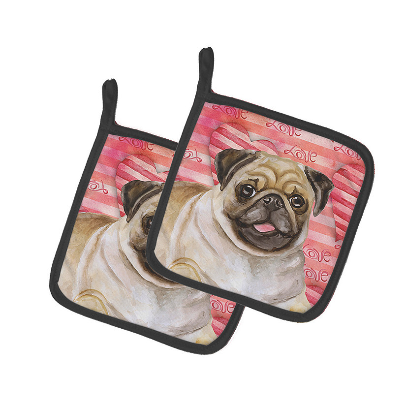 Caroline's Treasures Valentine's Day, Fawn Pug Love Pair of Pot Holders, 7.5 x 7.5, Dogs Image
