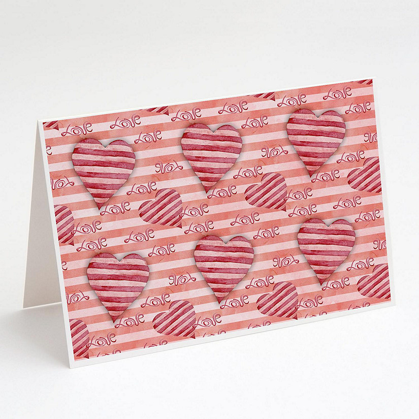 Caroline's Treasures Valentine's Day, Watercolor Red Striped Hearts Greeting Cards and Envelopes Pack of 8, 7 x 5, Image