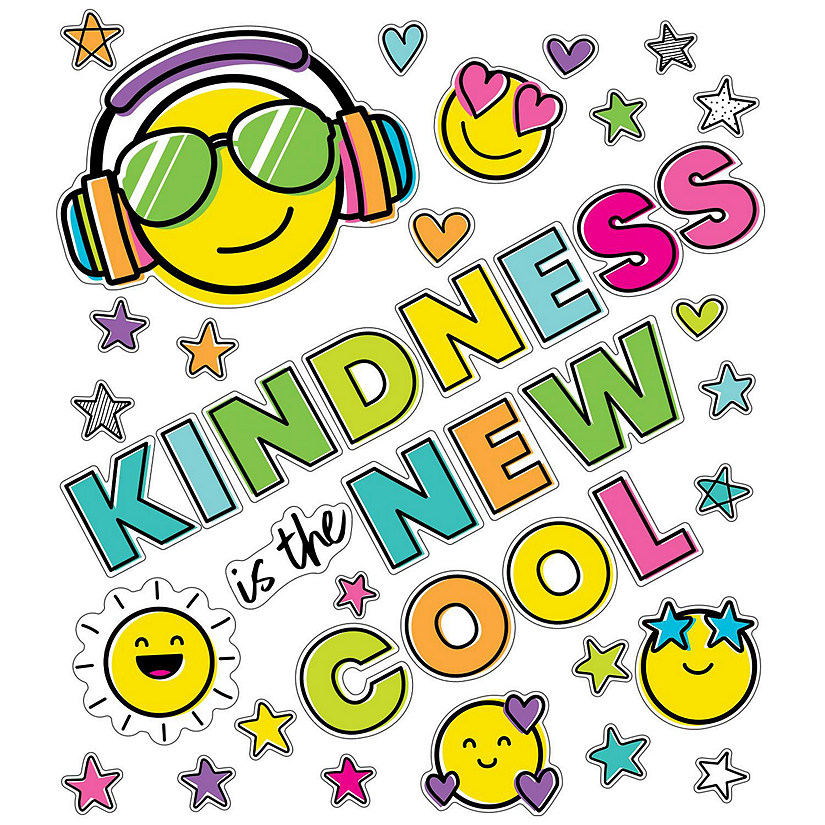 Carson Dellosa Kind Vibes Bulletin Board Set&#8212;Kindness is the New Cool Header, Stars, Hearts, Smiley Face Emoji Cutouts, Bulletin Board Decor (42 pc) Image