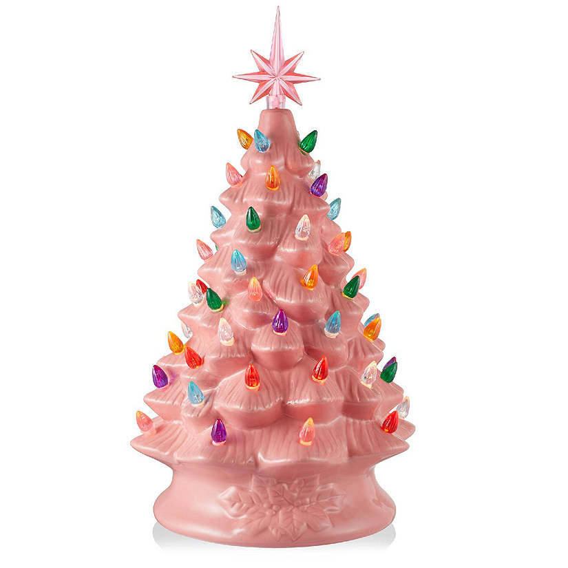 Casafield 15" Pre-Lit Pink Ceramic Christmas Tree Hand-Painted Tabletop Decor with Lights Image