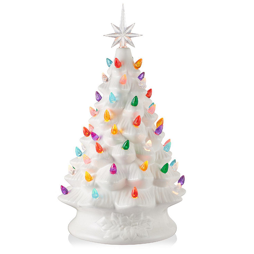 Casafield 15" Pre-Lit White Ceramic Christmas Tree Hand-Painted Tabletop Decor with Lights Image