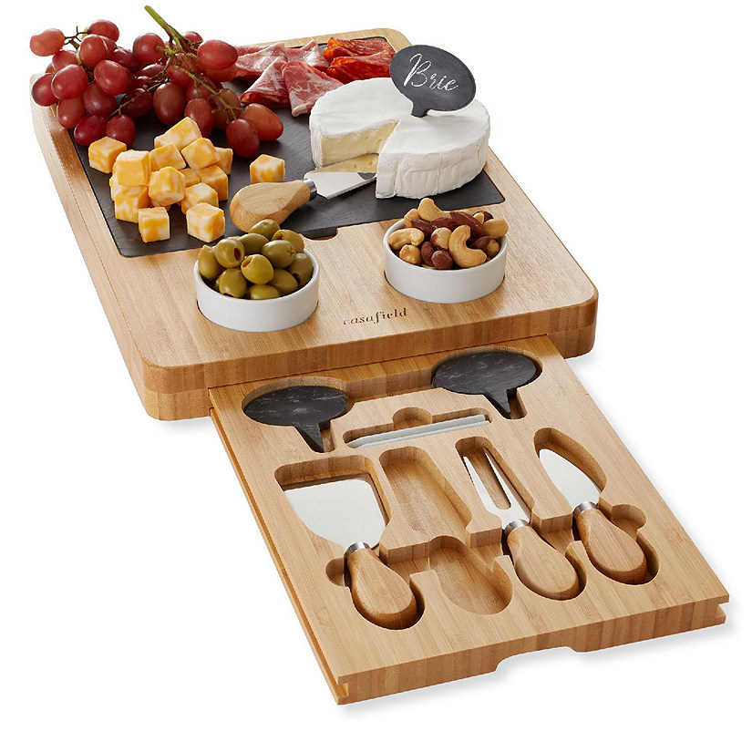 Casafield Bamboo Charcuterie Cheese Board Gift Set with Slate Tray, 4 Knives, 2 Dip Bowls Image