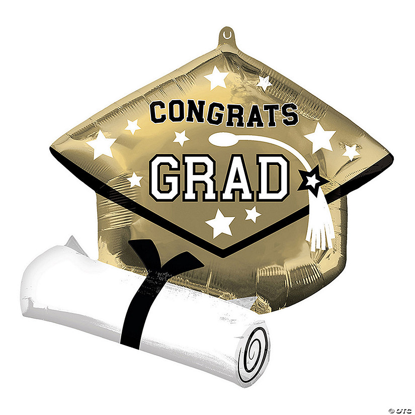 Champagne Gold Congrats Grad Diploma & Cap 25" Mylar Balloon Image