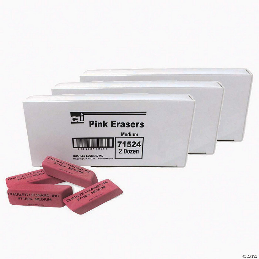 Charles Leonard Medium Natural Rubber Pink Wedge Eraser, 24 Per Pack, 3 Packs Image