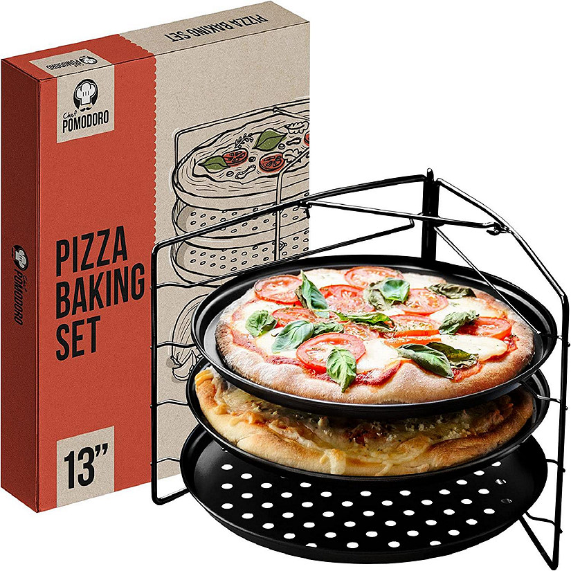 Chef Pomodoro Pizza Baking Set with 3 Pizza Pans and Pizza Rack, Non-stick Perforated Pizza Trays, 13-Inch Pans Image