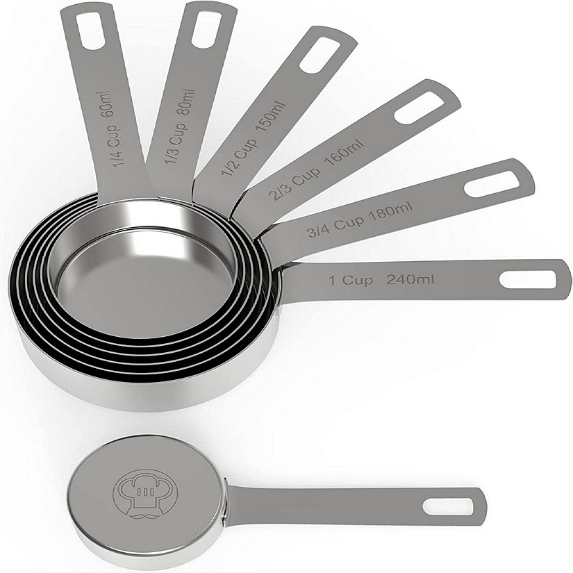 Chef Pomodoro Stainless Steel Measuring Cup Set, Nested and Stackable with 7 Pieces, Sturdy Extra-long Handles with Lasered Markings and Sorting Ring Image