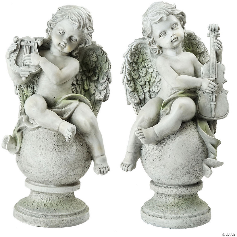 Cherub Angels with Violin and Harp Outdoor Garden Statues 15", Set of 2 Image