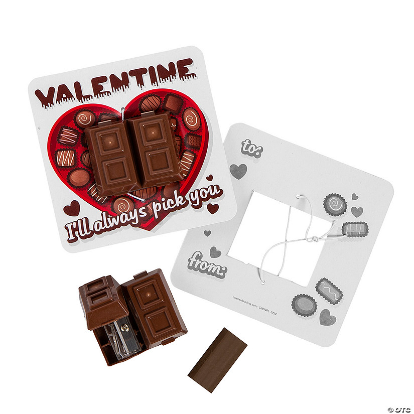 Chocolate Bar Pencil Top Sharpener with Eraser Valentine Exchanges with Card for 12 Image
