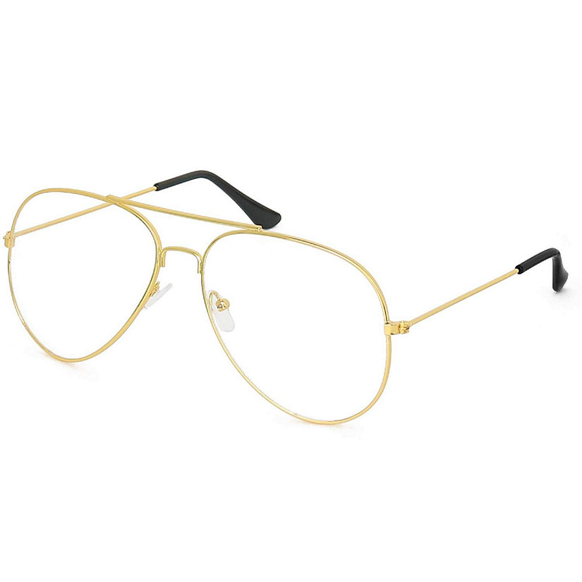 Clear Lens Costume Glasses - 70's Style Aviator Gold Wire Rimmed Clear Sunglasses for Adults and Kids Image