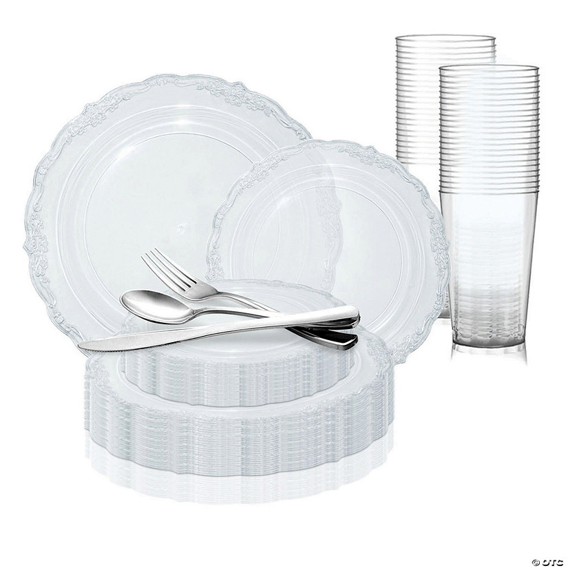 Clear Vintage Round Disposable Plastic Dinnerware Value Set (120 Settings) Image