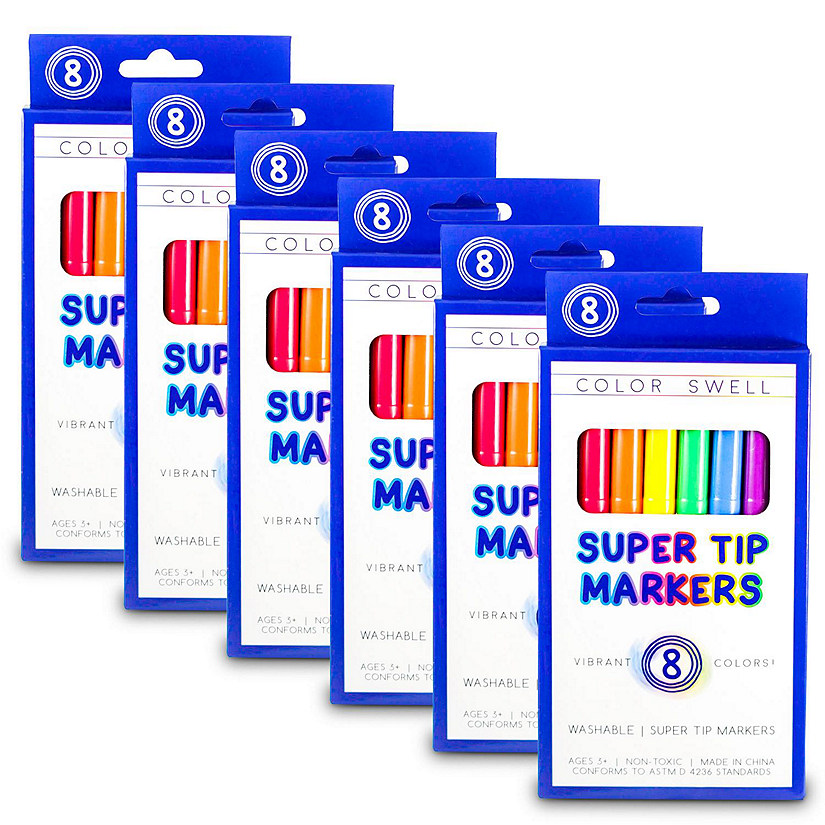 Color Swell Super Tip Markers 6 Boxes of 8 Washable Vibrant Colors (48 Total) Image