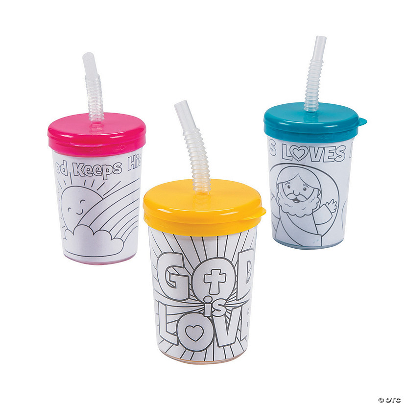 Color Your Own Religious BPA-Free Plastic Cups with Lids & Straws - 12 Ct. Image