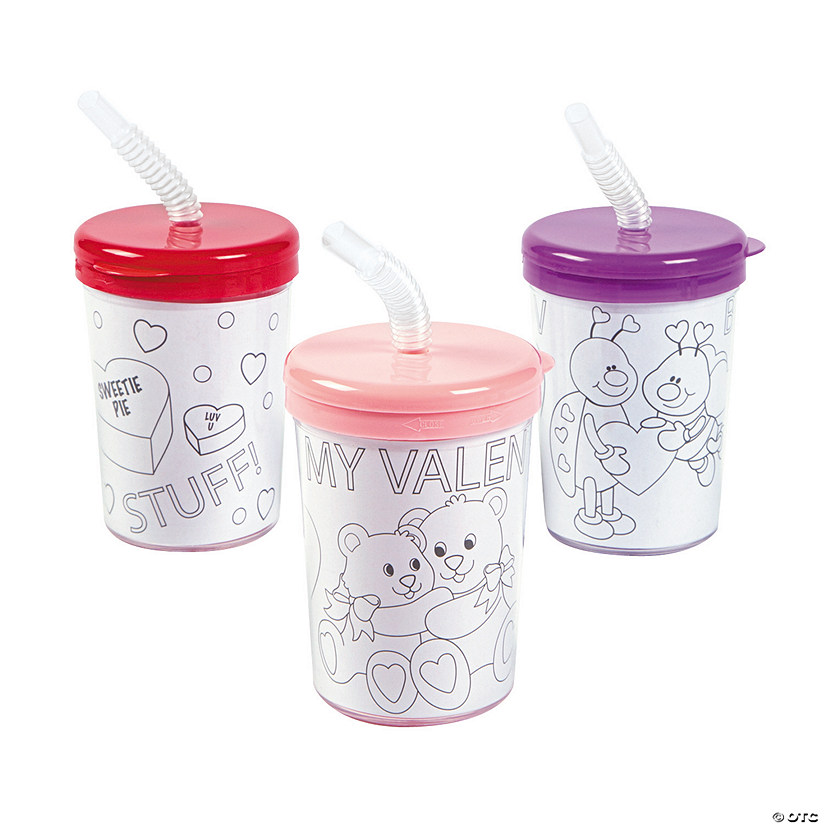 Color Your Own Valentine BPA-Free Plastic Cups with Lids & Straws - 12 Ct. Image