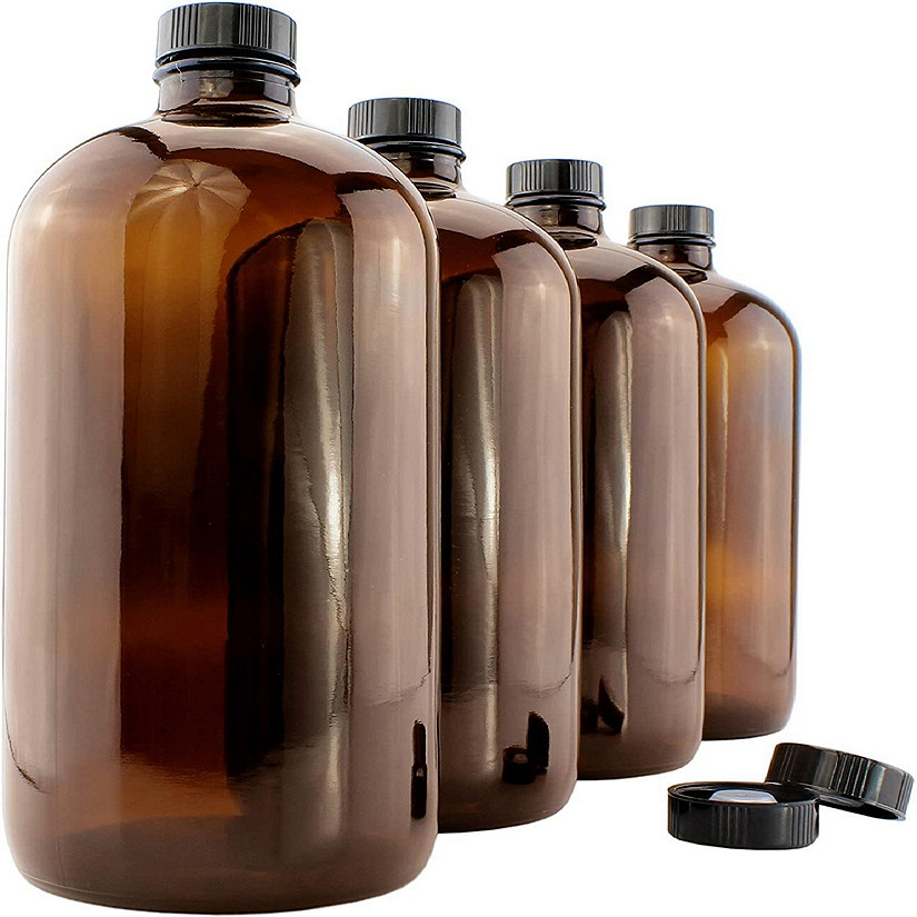 Cornucopia 32-Ounce Amber Kombucha Growler Bottles (4-Pack); 1 Quart Boston Round Glass Bottles w/ 6 Polycone Phenolic Lids for Home Brewing Image