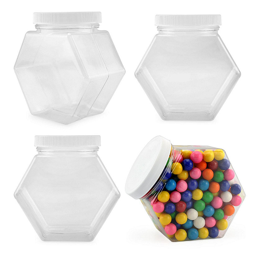 Cornucopia Plastic Hexagon Shaped Jars (4-Pack, 30oz); Value Pack of Containers for Snacks, Gifts and Storage, 2 1/2 Cup Capacity, 5 x 5 x 3 Inches Image