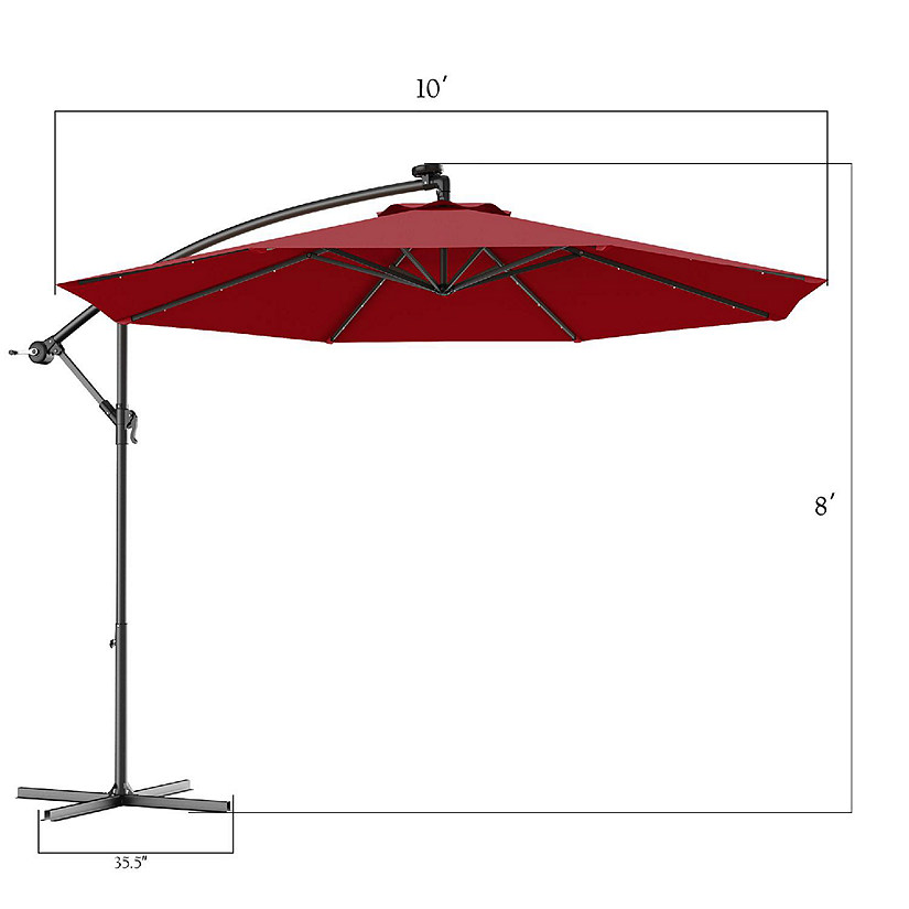 Costway 10' Hanging Solar LED Umbrella Patio Sun Shade Offset Market W/Base Burgundy Image