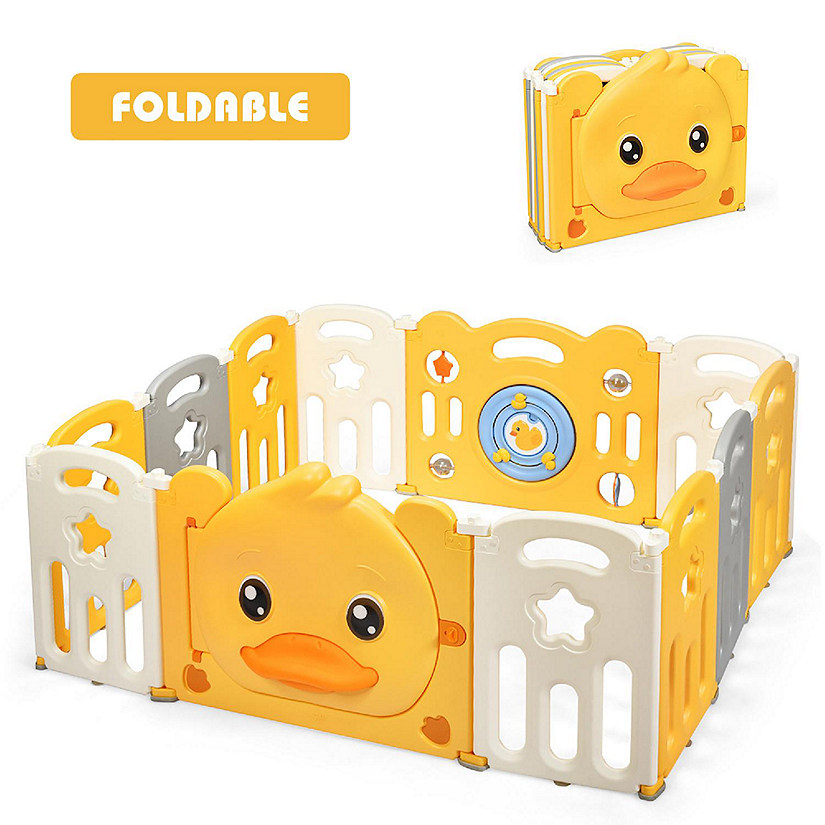 Costway 12-Panel Foldable Baby Playpen Kids Yellow Duck Yard Activity Center with Sound Image