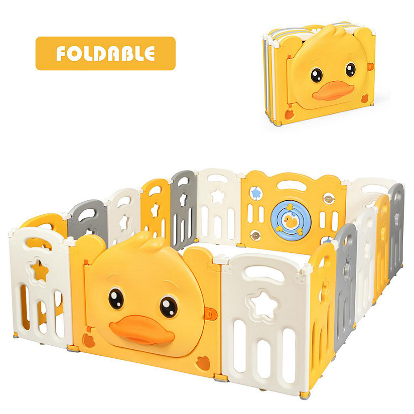 Costway 16-Panel Foldable Unisex Baby Playpen Kids Yellow Duck Yard Activity Center w/  Sound Image