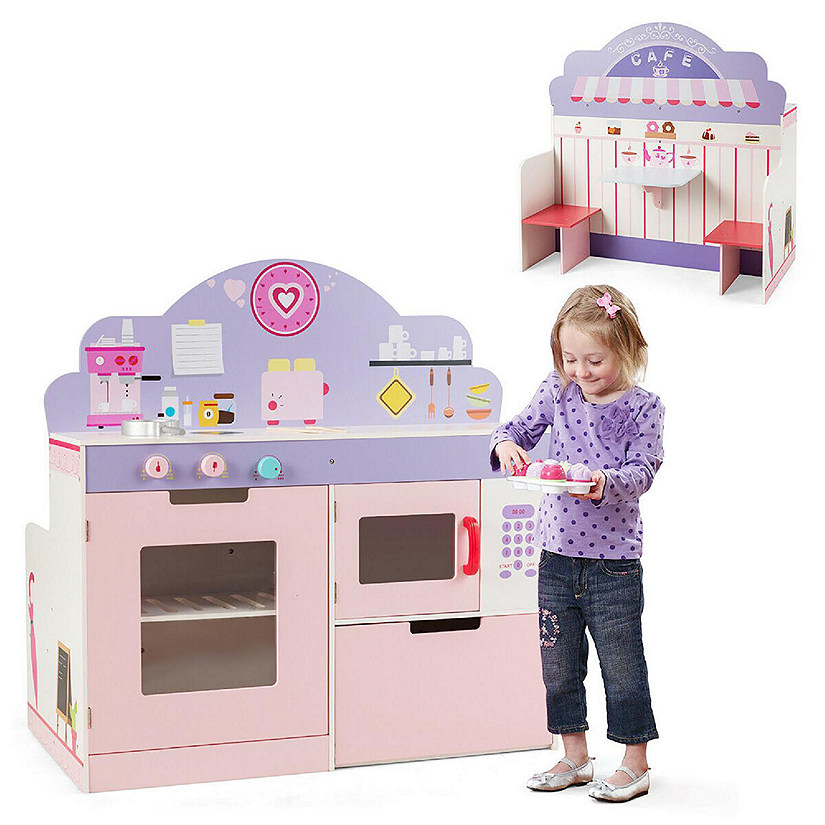Costway 2 in 1 Kids Play Kitchen & Cafe Restaurant Wooden Pretend Cooking Playset Toy Image