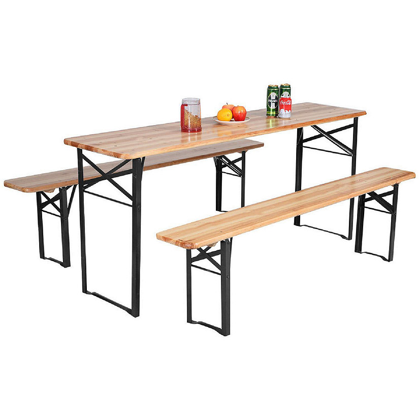 Costway 3 PCS Beer Table Bench Set Folding Wooden Top Picnic Table Patio Garden Image