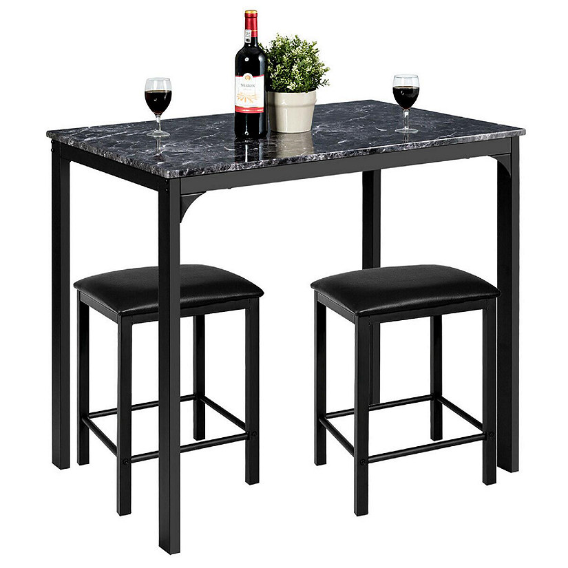 Costway 3 Piece Counter Height Dining Set Faux Marble Table 2 Chairs Kitchen Bar Black Image