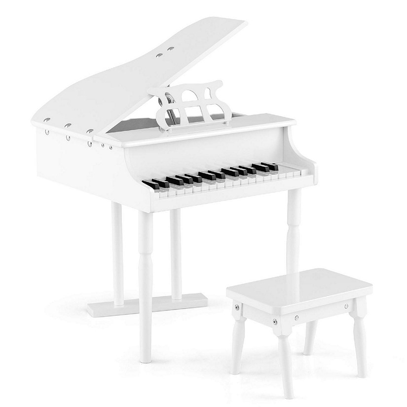 Costway 30 Key Classical Kids Piano Wooden Musical Instrument Toy w/ Stand & Stool White Image