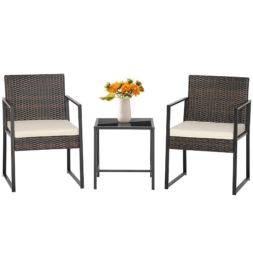 Costway 3pcs Patio Furniture Set Heavy Duty Cushioned Wicker Rattan Chairs Table Image