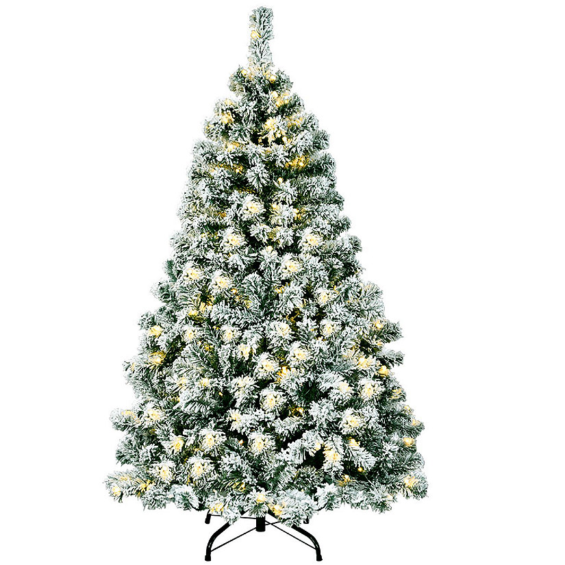 Costway 4.5Ft Pre-Lit Premium Snow Flocked Hinged Artificial Christmas Tree w/200 Lights Image