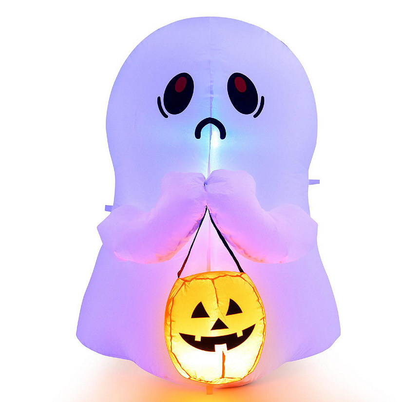 Costway 4' Halloween Inflatable Ghost Holding Pumpkin Blow up Holiday Decor w/LED Lights Image