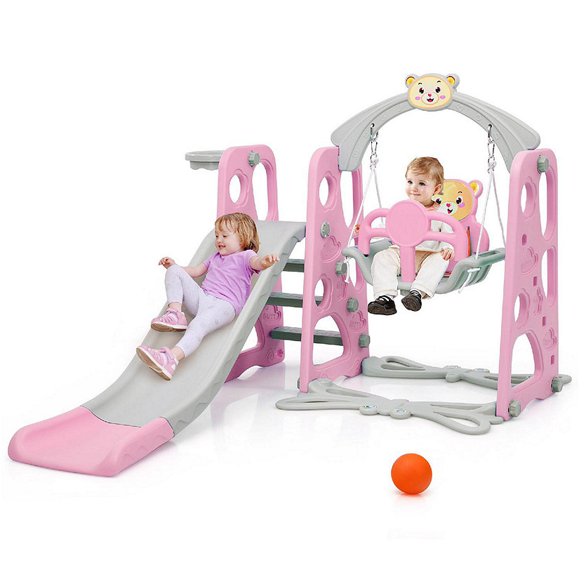 Costway 4-in-1 Toddler Climber and Swing Set w/ Basketball Hoop & Ball Pink Image