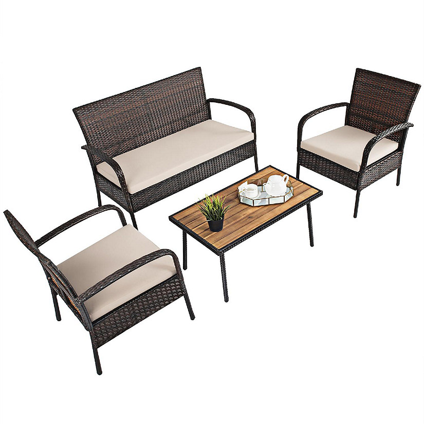 Costway 4PCS Patio Rattan Furniture Set Outdoor Conversation Set Coffee Table w/Cushions Image