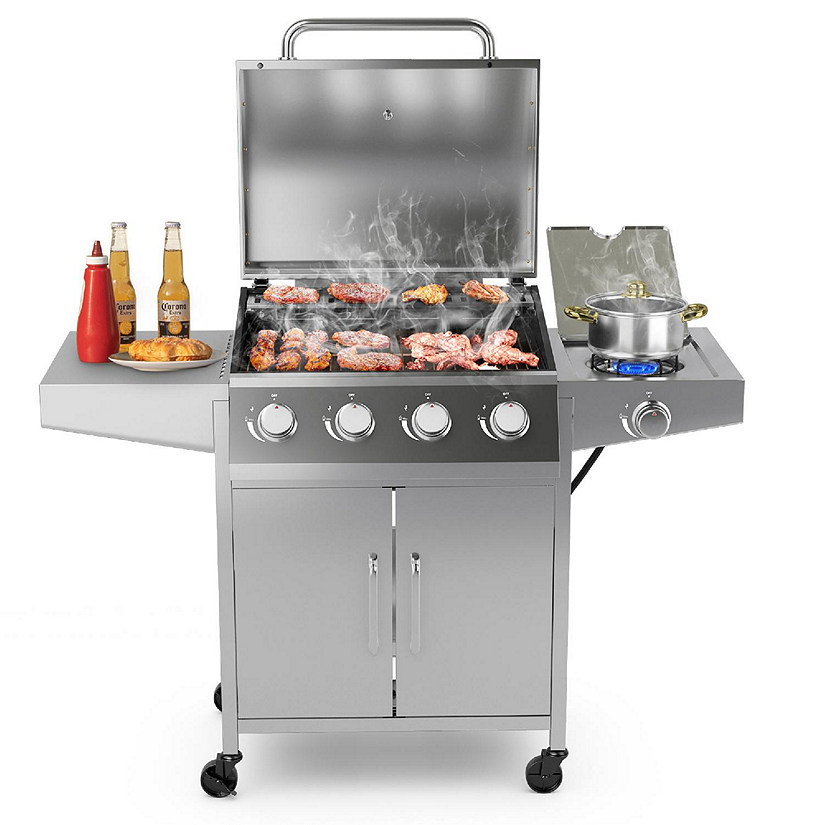 Costway 5-Burner Propane Gas BBQ Grill withSide Burner,Thermometer,Prep Table 50000 BTU Image