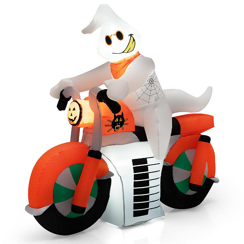 Costway 5 FT Halloween Inflatable Ghost Riding on Motor Bike Yard Decor w/ LED Lights Image