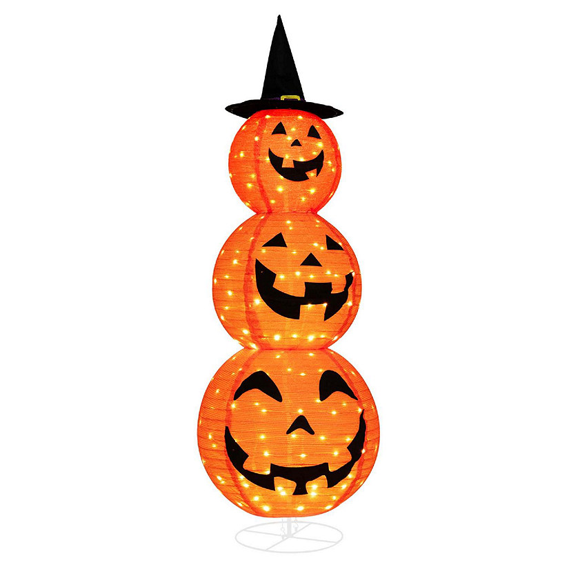 Costway 5 FT Halloween Pumpkin Decoration Triple Stacked Pre-Lit Combo w/ Witch Hat Image