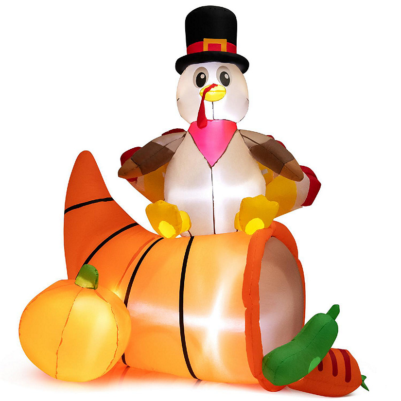 Costway 6 FT Thanksgiving Inflatable Turkey on Cornucopia Harvest Autumn Decor w/Light Image