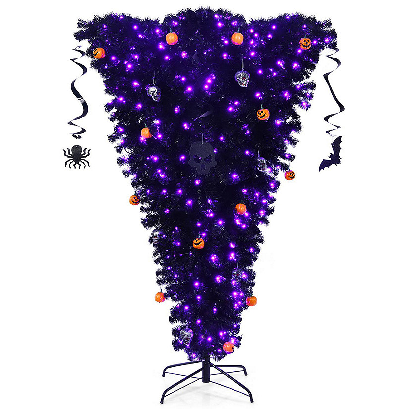 Costway 6ft Upside Down Christmas Halloween Tree Black w/270 Purple LED Lights Image