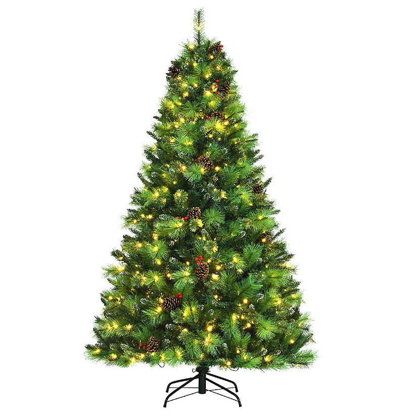 Costway 7ft Pre-lit Hinged Artificial Christmas Tree w/Pine Cones & Red Berries Image