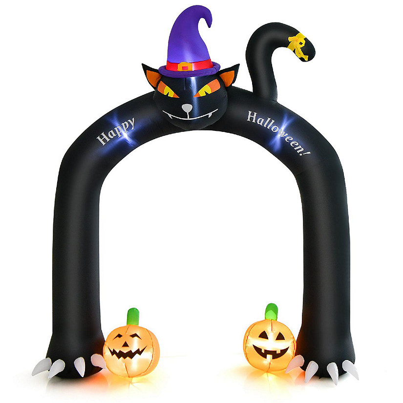 Costway 9FT Halloween Inflatable Cat Archway Blow-up Doorway Decoration with Wizard Cat & Pumpkins  Bright LED Lights Image