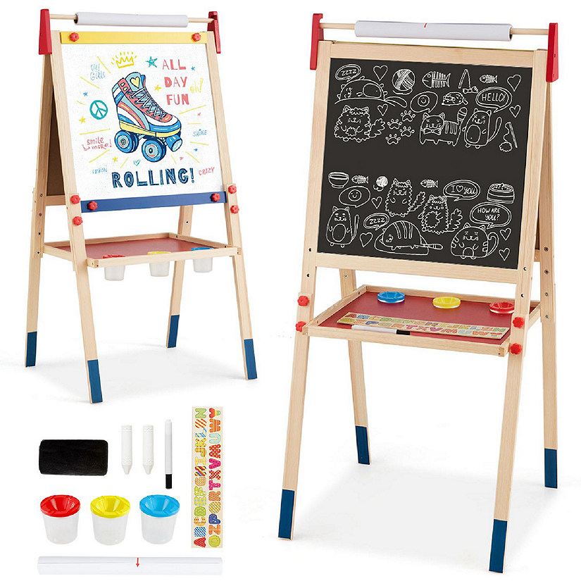 Costway All-in-One Wooden Kid's Art Easel Height Adjustable Paper Roll Image