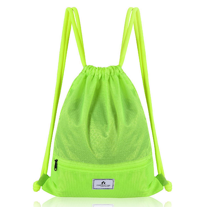 Costway Drawstring Backpack String Bag Folding Sports Sack w/Zipper Pocket Green Image