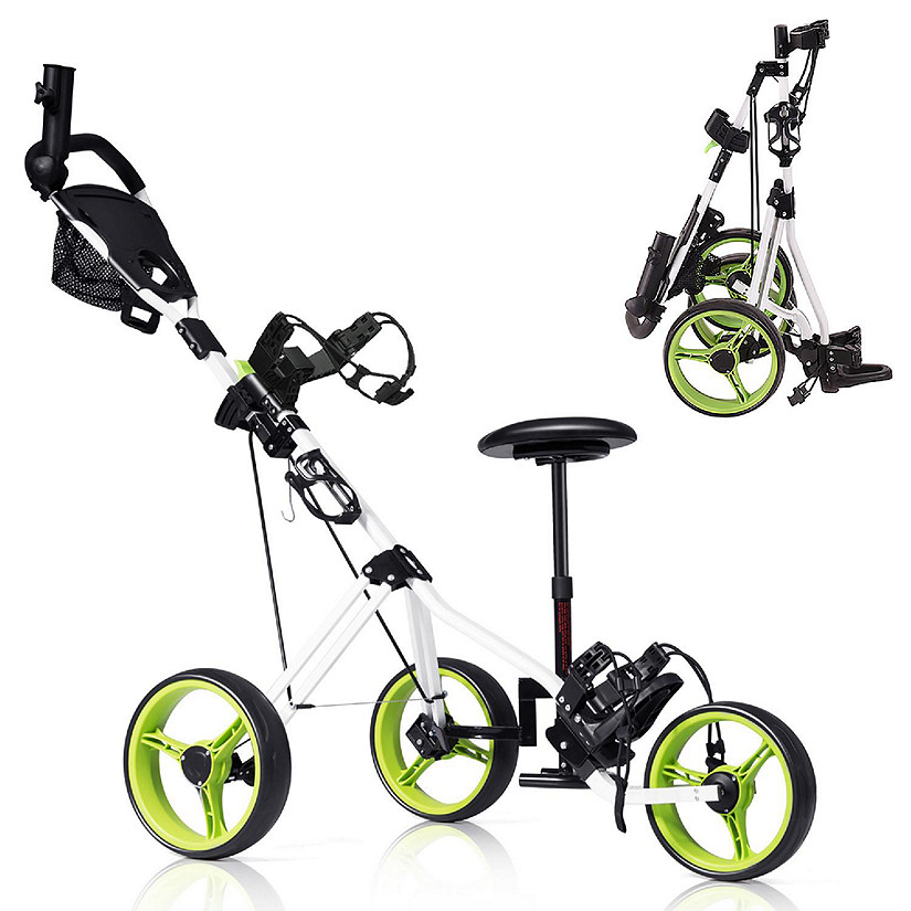 Costway Foldable 3 Wheel Push Pull Golf Club Cart Trolley w/Seat Scoreboard Bag Swivel Image